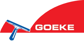 Logo von Goeke mit einem blauen Fensterwischer und rotem Hintergrund.