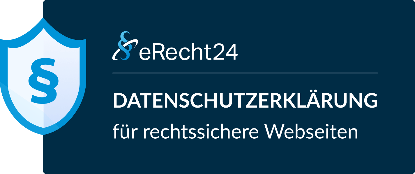 Ein Datenschutzsiegel mit dem Text 'Datenschutzklärung für rechtssichere Webseiten' und einem Schild-Symbol.